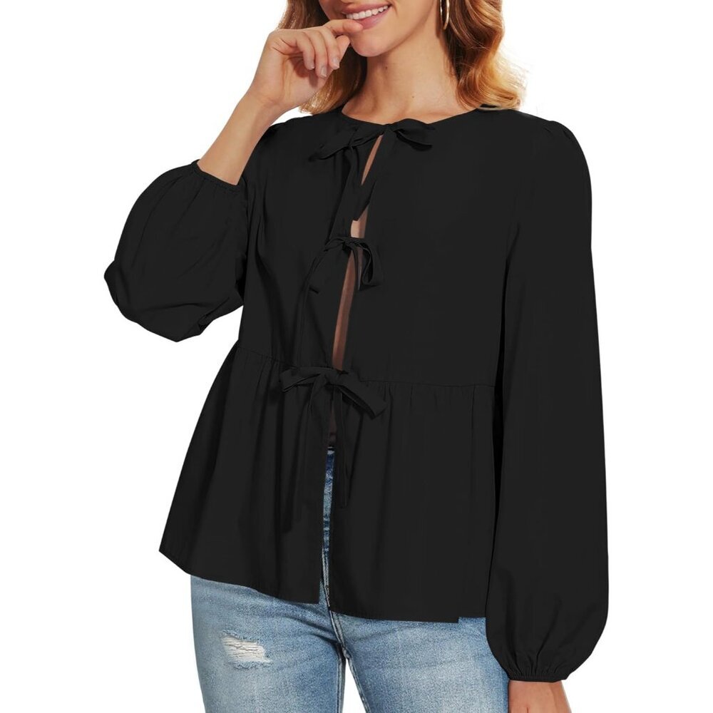 Women Puff Sleeve Tie Front Blouse Peplum Hem Casual Going Out Top